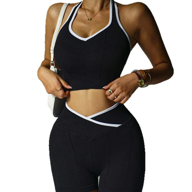 Women Seamless Fitness Yoga Set Outdoor Cycling Set Fashion Cross Waist Sports Leggings Gym Trainning Vest Butt Liftting Shorts Khamik Shop Online