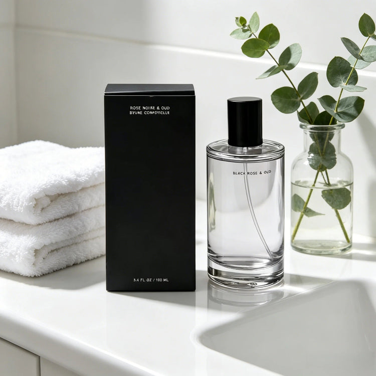 Black Rose & Oud Unisex Eau de Parfum Dark Elegant Floral Oud Woody Scent Minimalist Clear Cylinder Bottle Matte Black Cap Simple Black Gift Box Long Lasting Neutral Luxury Fragrance Premium Holiday Gift for Men and Women Khamik Shop Online