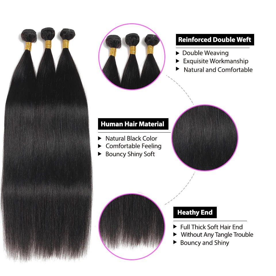 13x4 Transparent  Lace Frontal with Bundles Brazilian Virgin Human Hair With Lace Front Straight Hair Extension Natural Black Khamik Shop Online