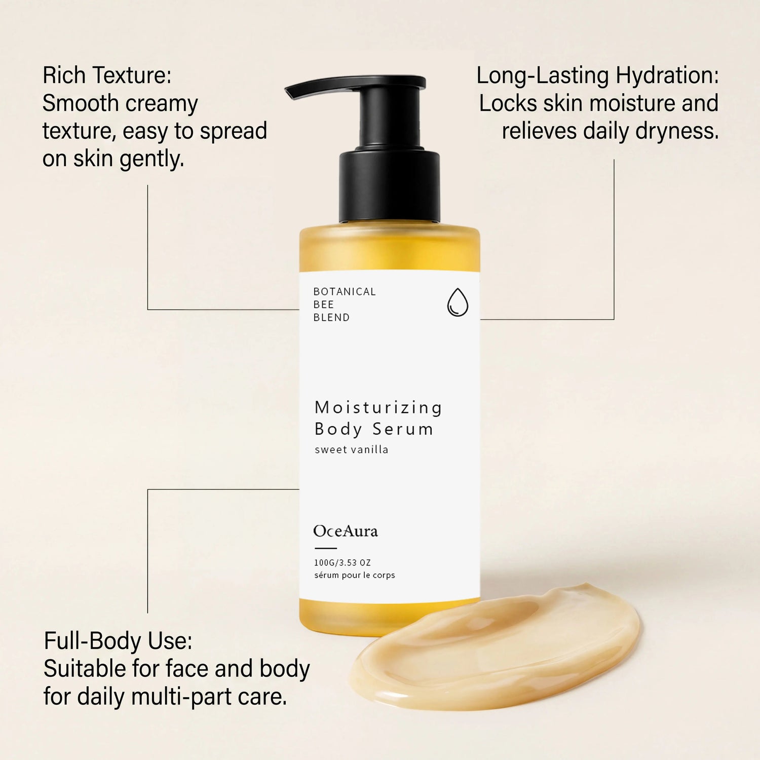 OceAura Botanical Bee Blend Sweet Vanilla Moisturizing Body Serum Long Lasting Hydrating Non Sticky Smooth Dry Skin Nourishing Khamik Shop Online