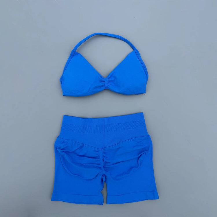 AURA SHARK Strappy Bra Gym Set Women High Support Thin Strap Seamless Halter Sports Scrunch Workout Yoga Set 2 Piece Khamik Shop Online