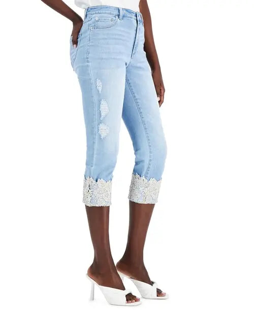 INC International Concepts Petite Distressed Laced Cuff Cropped Denim Amber Chrysippus