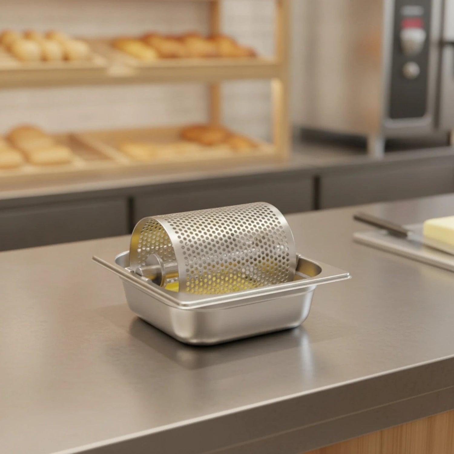 Butter Roller with Tray Stainless Steel Butter Roller Kitchenware Perforated Utensil Countertop for Home Cooks, Kitchen, Brunch Khamik Shop Online