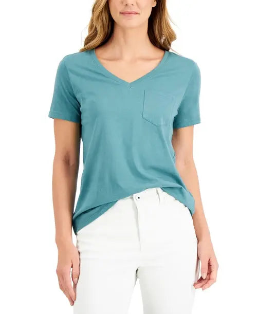 Style & Co Petite Cotton V Neck T-Shirt Amber Chrysippus