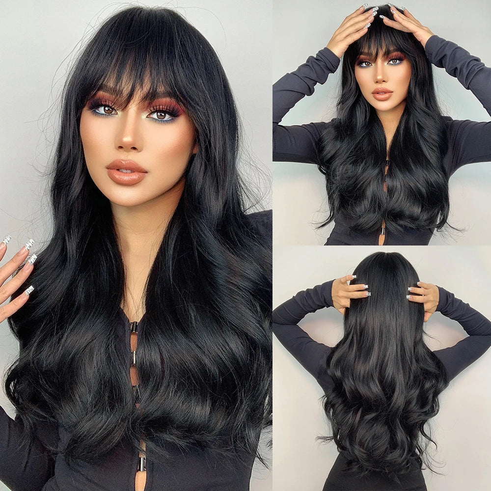 LOUIS FERRE Long Wavy Ombre Brown Wig with Bangs Synthetic Hair Wig Heat Resistant Daily Wear Office Party Cosplay Halloween Khamik Shop Online