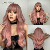 LOUIS FERRE Long Wavy Ombre Brown Wig with Bangs Synthetic Hair Wig Heat Resistant Daily Wear Office Party Cosplay Halloween Khamik Shop Online