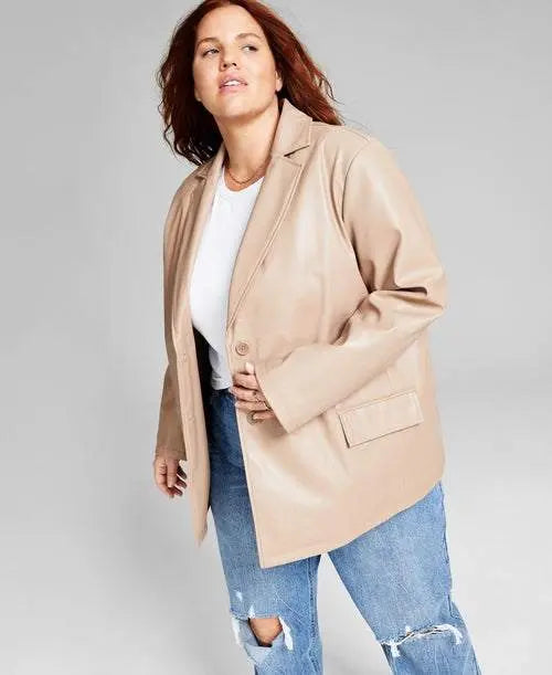 Trendy Plus Size Long Faux-Leather Blazer Amber Chrysippus