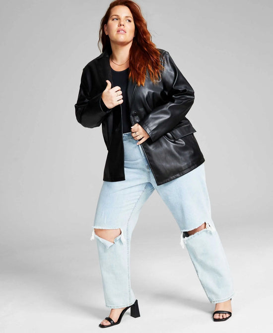 Trendy Plus Size Long Faux-Leather Blazer Amber Chrysippus