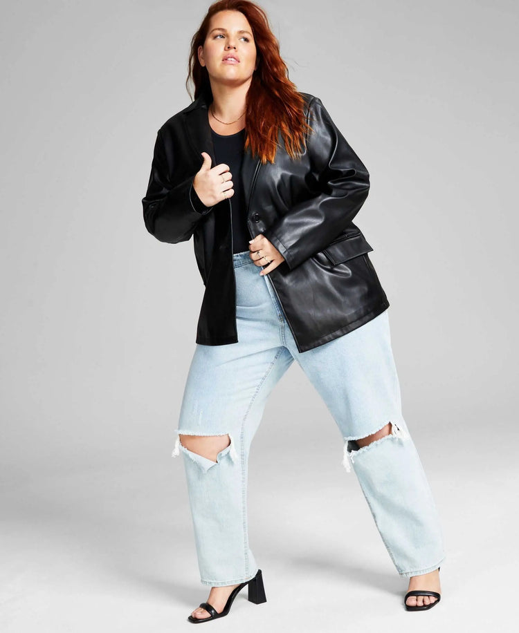 Trendy Plus Size Long Faux-Leather Blazer Amber Chrysippus