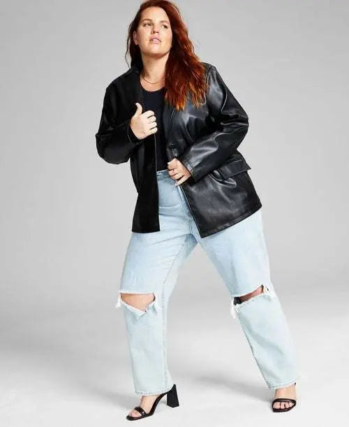 Trendy Plus Size Long Faux-Leather Blazer Amber Chrysippus
