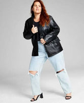 Trendy Plus Size Long Faux-Leather Blazer Amber Chrysippus