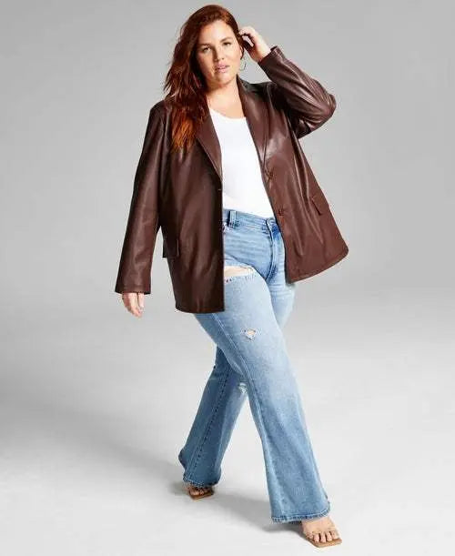 Trendy Plus Size Long Faux-Leather Blazer Amber Chrysippus