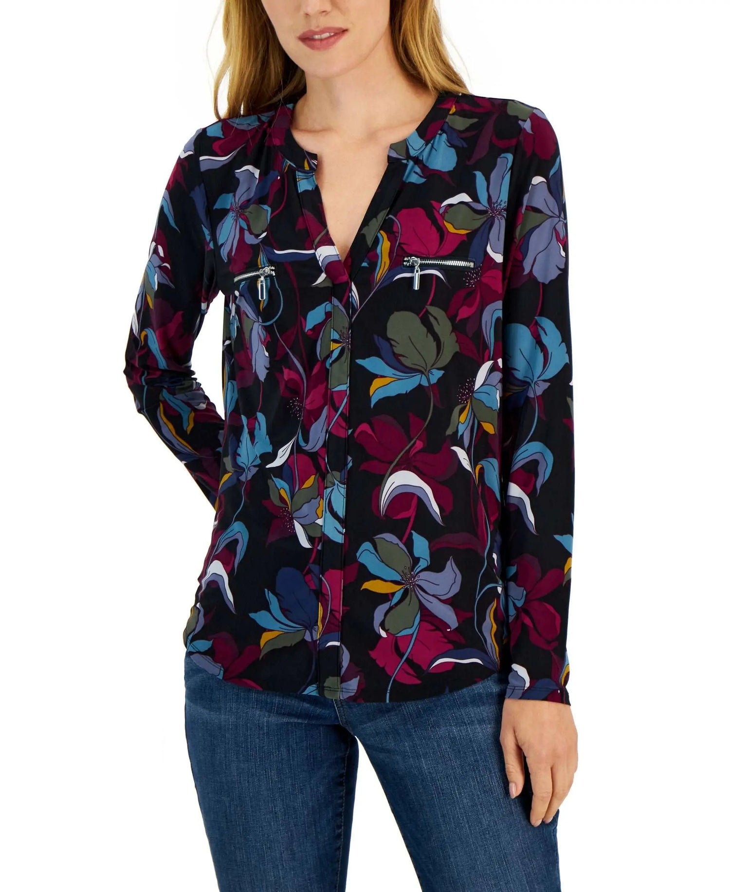 International Concepts Petite Split Neck Zippered Pocket Top Amber Chrysippus