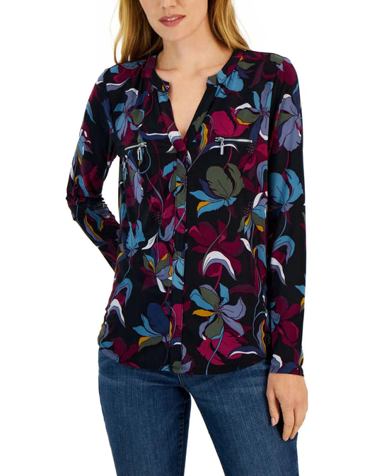 International Concepts Petite Split Neck Zippered Pocket Top Amber Chrysippus