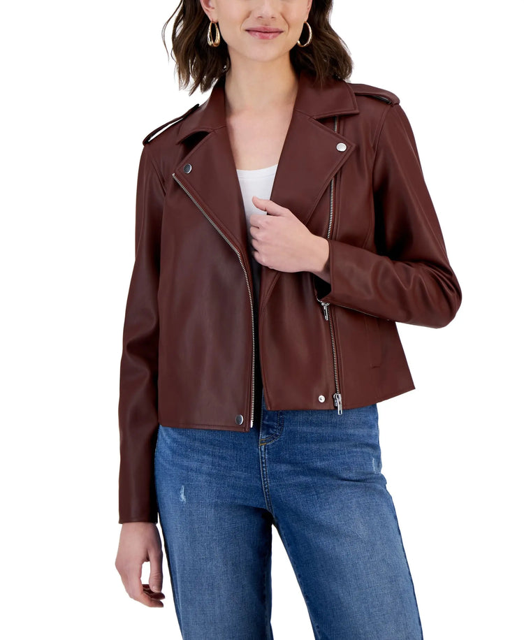 International Concepts Womens Faux Leather Jacket Amber Chrysippus