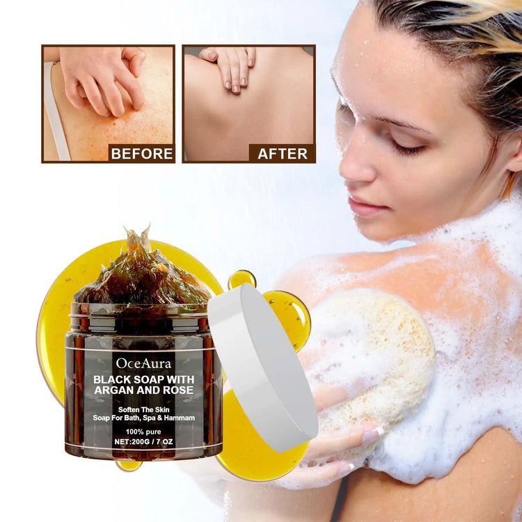 OCEAURA Black Soap With Argan And Rose Black Beldi Soap Ideal For Dead Skin Remover Body Scrub Purifying Deep Cleansing 200g Khamik Shop Online