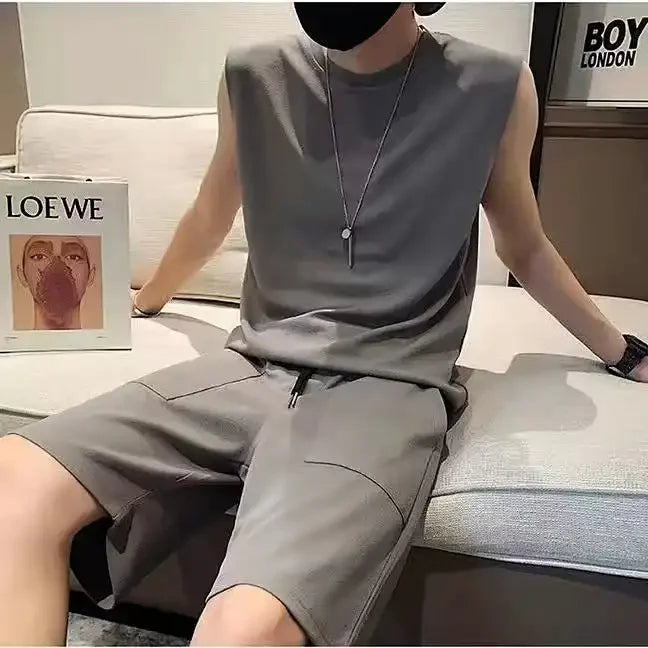 Men Patch Pocket Sleeveless Tank Top Loose Ice Silk Shorts Set Trendy Casual Summer Two Piece Outfit Khamik Shop Online