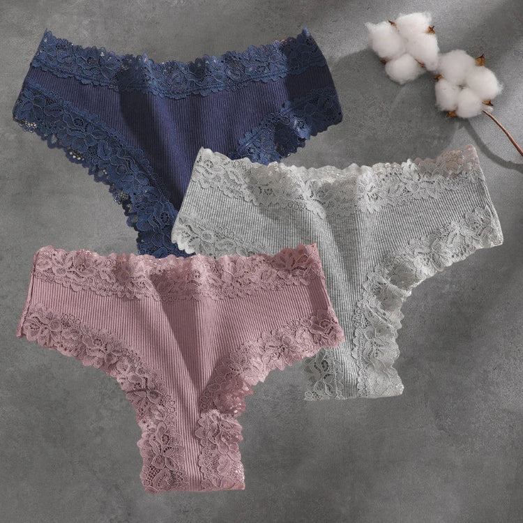 3Pcs Cotton Lace Patchwork Bikini Panties Women Seamless Floral Print Brazilian Pants Low Waist Breathable Female Sexy Lingerie Khamik Shop Online
