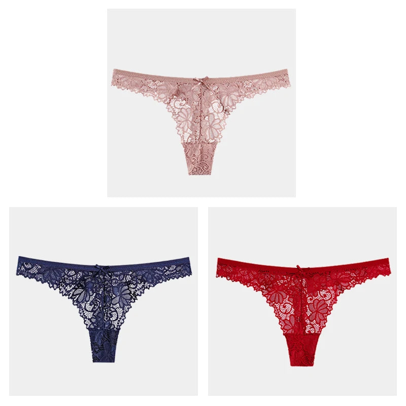 3Pcs/Lot Sexy Lace Thong Low Waist Lace Transparent Panties Women Hollow Out Breathable G String Briefs Bow Underwear Lingerie