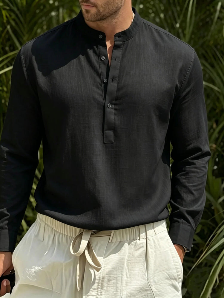 Men Cotton Linen Stand Collar Henley Long Sleeve Shirt Half Button Textured Casual Summer Top Khamik Shop Online
