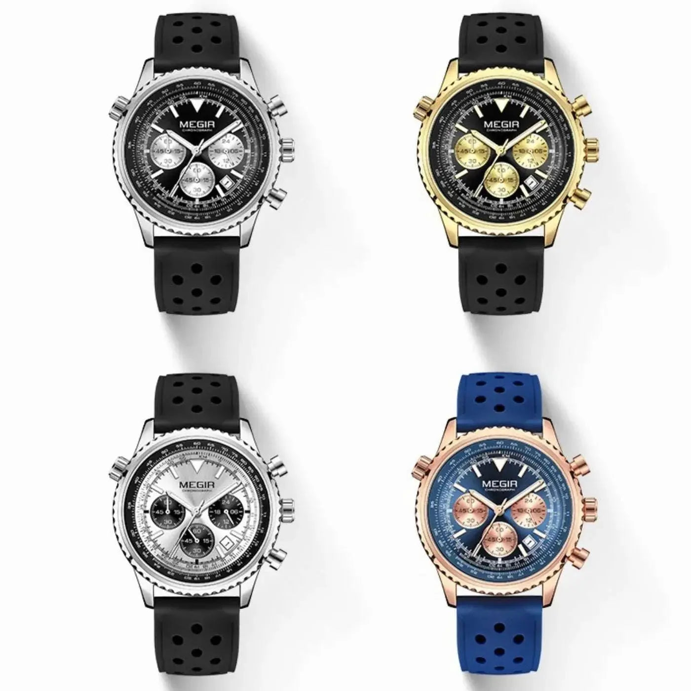 MEGIR Silver Black Quartz Watch Men Military Sport Chronograph Wristwatch with Silicone Strap Luminous Hands Auto Date 2236 Khamik Shop Online