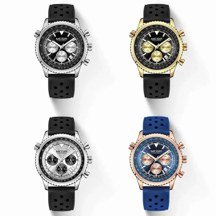 MEGIR Silver Black Quartz Watch Men Military Sport Chronograph Wristwatch with Silicone Strap Luminous Hands Auto Date 2236 Khamik Shop Online