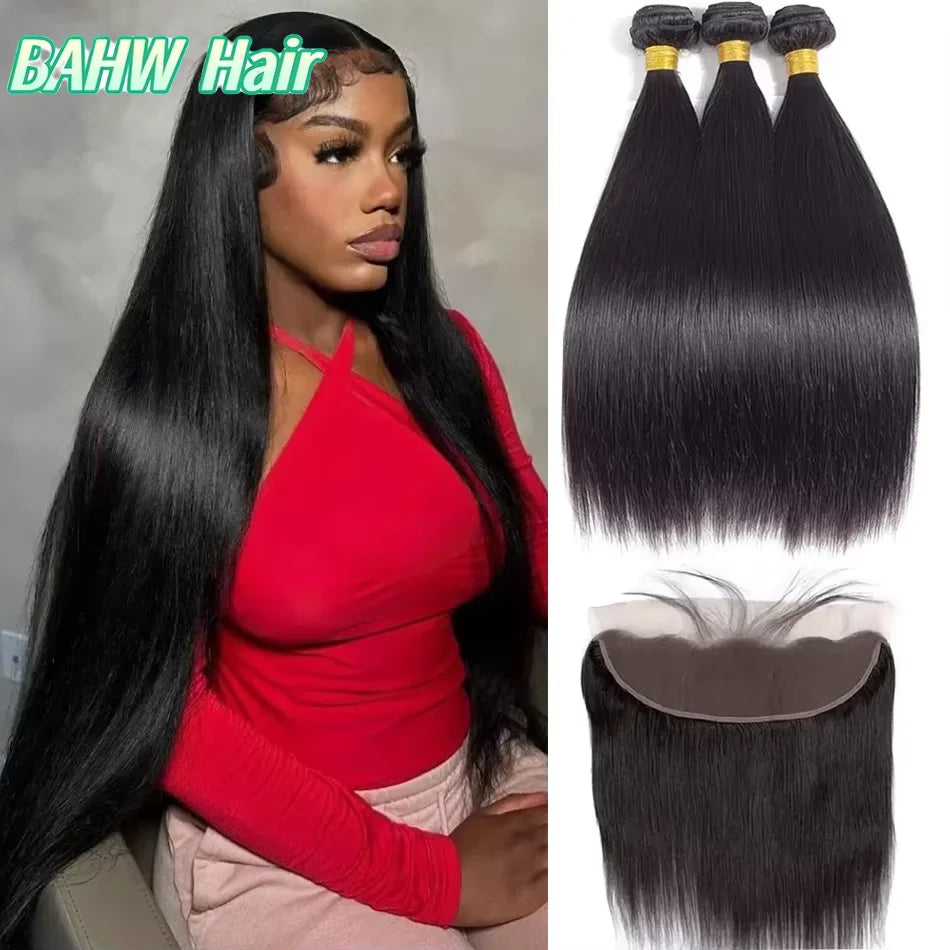 13x4 Transparent  Lace Frontal with Bundles Brazilian Virgin Human Hair With Lace Front Straight Hair Extension Natural Black Khamik Shop Online
