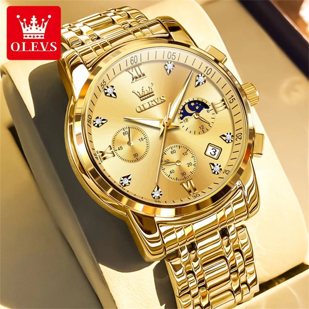OLEVS 2858 Quartz Watch for Men Classic Three Eye Chronograph Small Dial 24 Hour Moon Phase Luxury Original Men&
