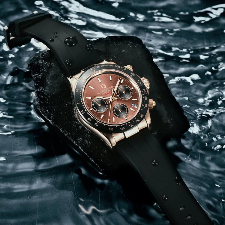 PAGANI DESIGN Men Quartz Chronograph Watch RoseGold Case Black Ceramic Bezel Brown Dial Rubber Strap Waterproof Sports watch+box Khamik Shop Online