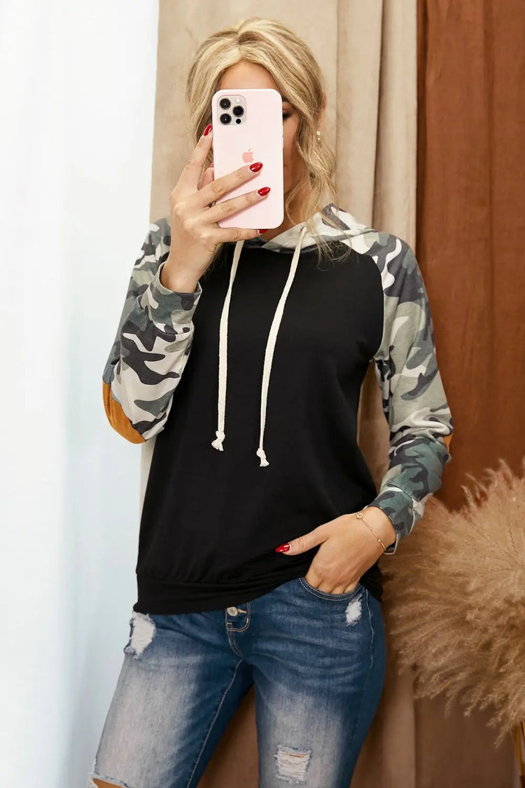 Camo Print Patchwork Hoodie Jade