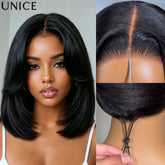 UNice Layered Cut Straight Bob Wig With Curtain Bang No-Slip 7x5 Lace Pre Cut Pre Bleached Glueless Wig Human Hair Ready To Wear Khamik Shop Online