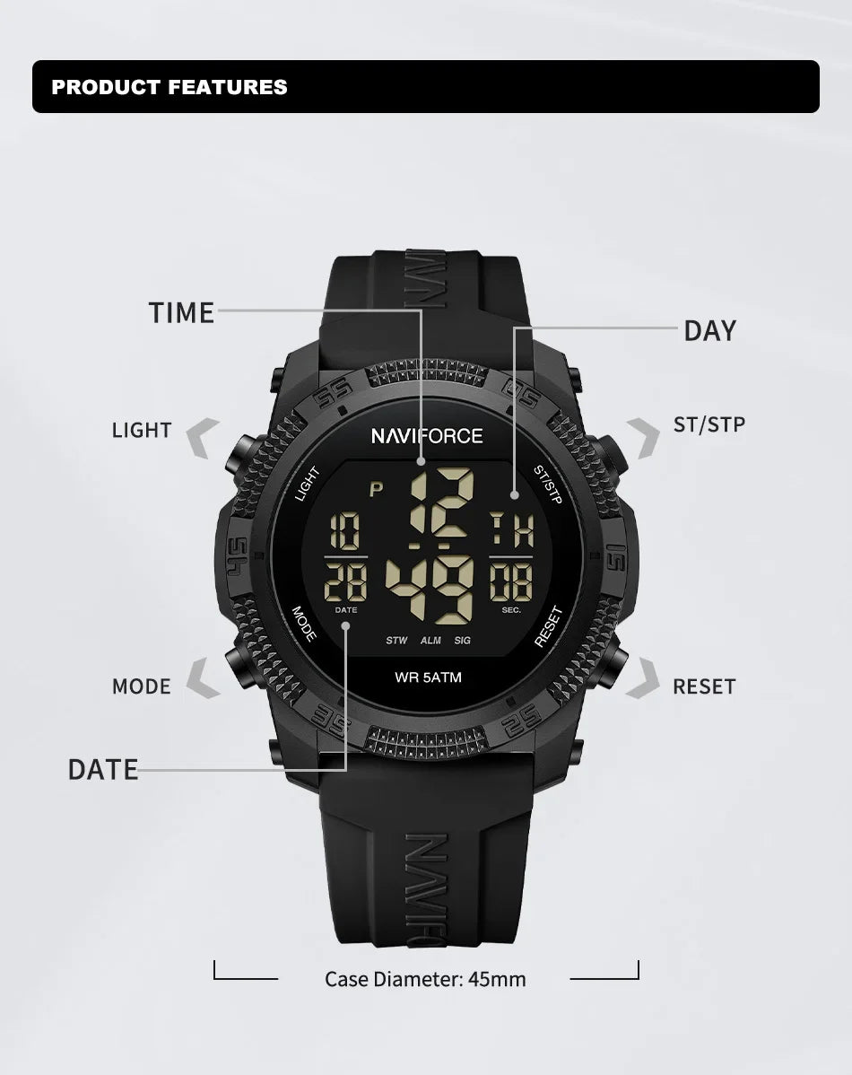NF7104 Men'S LCD Digital Casual Date and Week Alarm Waterproof Silicone Strap Electronic Watch