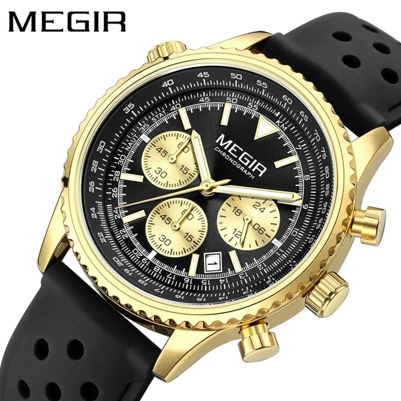 MEGIR Silver Black Quartz Watch Men Military Sport Chronograph Wristwatch with Silicone Strap Luminous Hands Auto Date 2236 Khamik Shop Online