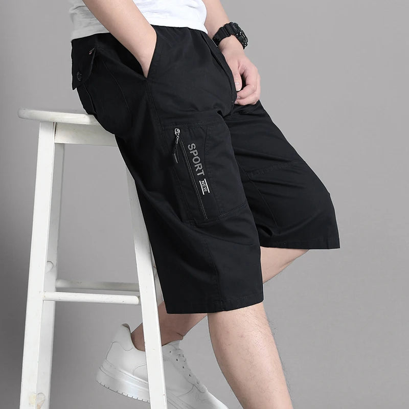 Mens Cargo Shorts Knee Pants Zipper Pocket Summer Cotton Shorts Climbing Jogger Elastic Waist Sports Wear Khamik Shop Online