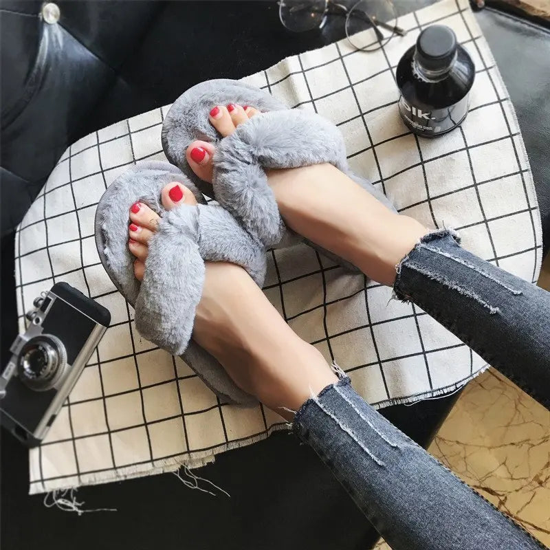 Cross Warm Fluffy Furry Slippers Women Lightweight Flat Heels Fur Slides Woman Autumn Winter Open Toe Non Slip Home Floor Shoes Khamik Shop Online