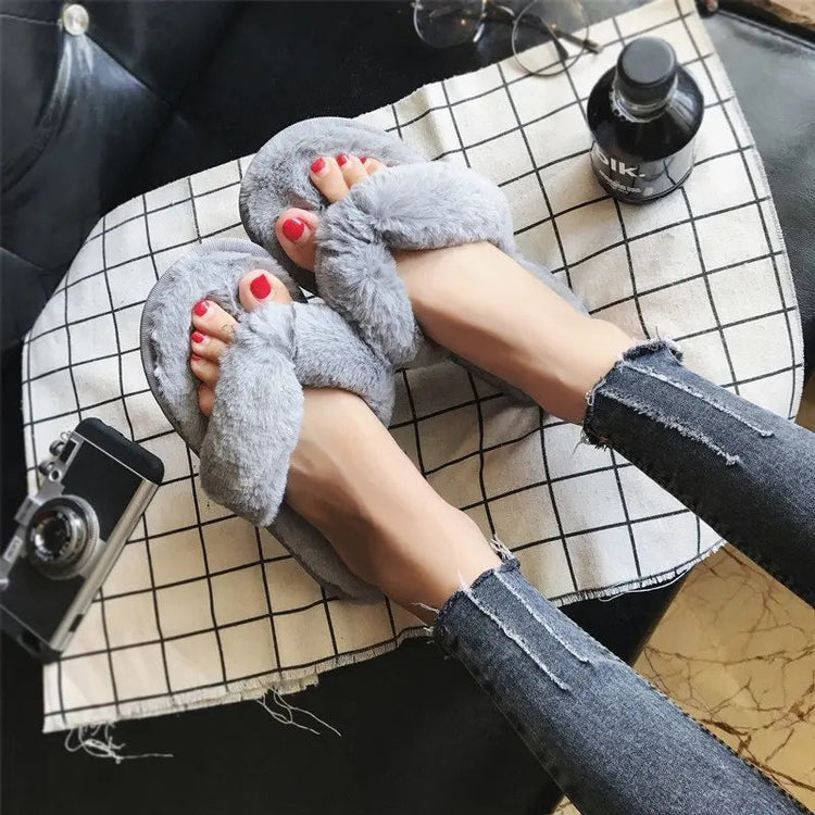 Cross Warm Fluffy Furry Slippers Women Lightweight Flat Heels Fur Slides Woman Autumn Winter Open Toe Non Slip Home Floor Shoes Khamik Shop Online