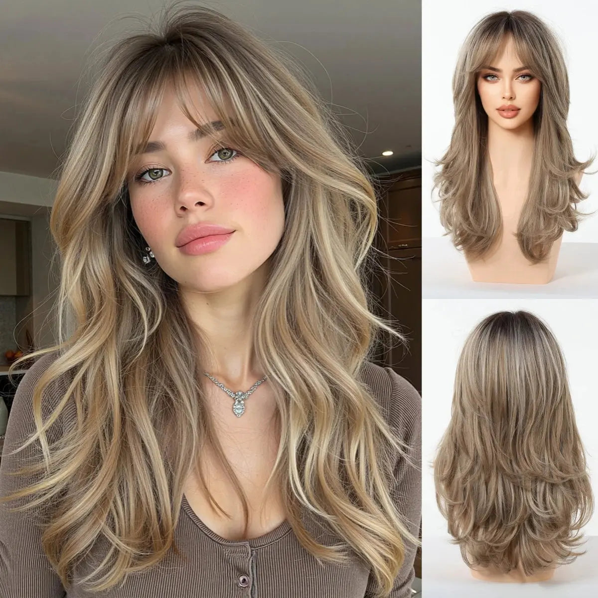 LOUIS FERRE Long Wavy Ombre Brown Wig with Bangs Synthetic Hair Wig Heat Resistant Daily Wear Office Party Cosplay Halloween Khamik Shop Online