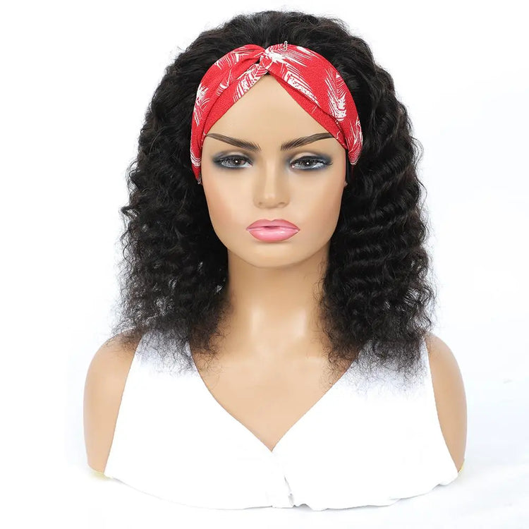 Headband Wig Deep Wave Human Hair Scarf Wig No GLUE Easy Wear Cerise Alfie