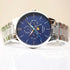 Montre Moonphase Apollo bleue avec gravure manuscrite personnalisée et chronographes, boîtier en acier inoxydable poli.