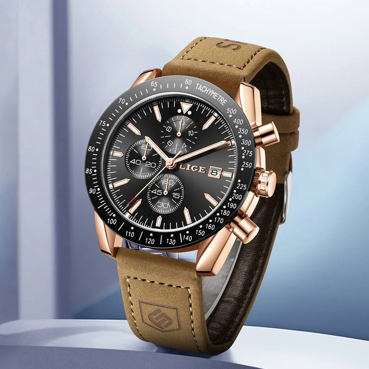 LIGE Leather Watches Men Fashion Business 30M Waterproof Quartz Wristwatch Chronograph Date Luxury Luminous Sports Man Watch+Box Khamik Shop Online