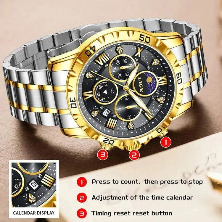 LIGE Top Brand Luxury Quartz Man Watch Casual Sport Stainless Luminous Waterproof Chronograph 24H Moon Phase Watches for Men+Box Khamik Shop Online