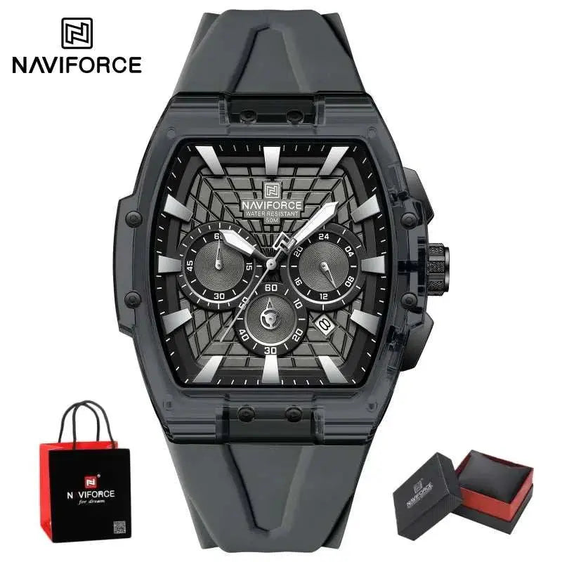NAVIFORCE Mens Sport Watches 5ATM Waterproof Chronograph Tonneau Silicone Strap Luminous Casual Quartz Male Wristwatch Gifts box Khamik Shop Online