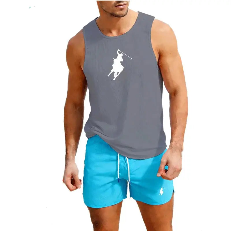 European Men Summer Vest and Shorts Set 2 Piece Outdoor Jogging Athletic Sportswear Fashion Trend Casual Men&