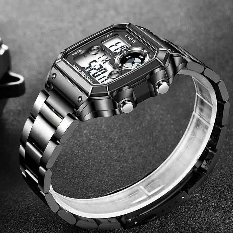 LIGE Fashion Casual Electronic Man Watch Sports Waterproof Luminous Alarm Stainless Steel Band Digital Men&