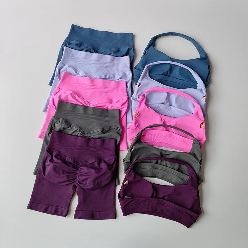 Sexy Halter Neck Beautiful Back High Waist Peach Sports Bras Shorts Suit Pilates Gathering Yoga Vest Training Fitness Bra Sets Khamik Shop Online