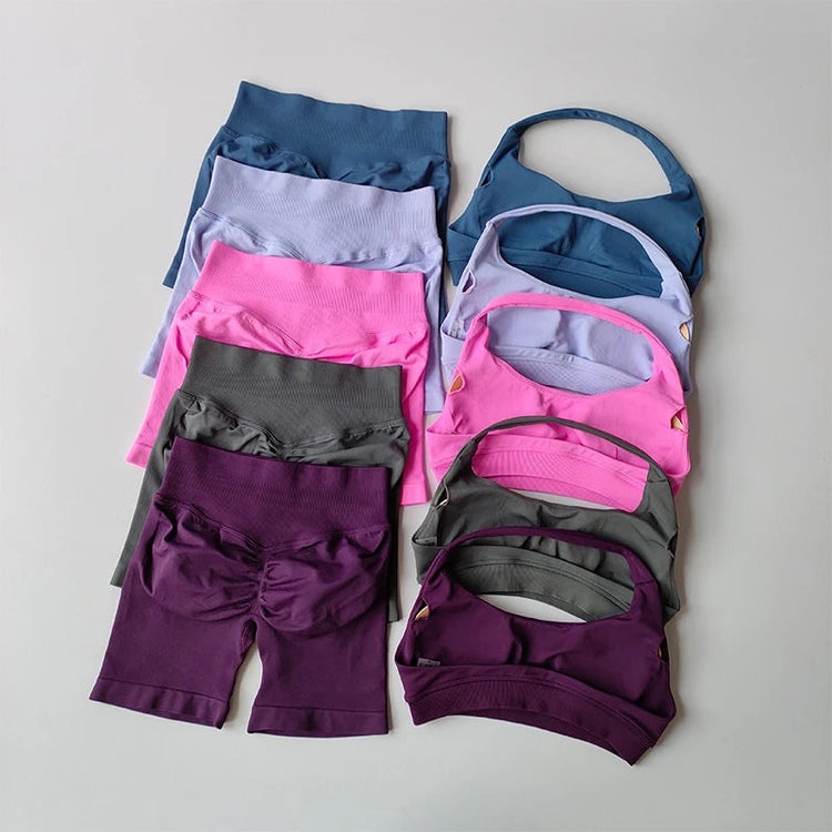 Sexy Halter Neck Beautiful Back High Waist Peach Sports Bras Shorts Suit Pilates Gathering Yoga Vest Training Fitness Bra Sets Khamik Shop Online