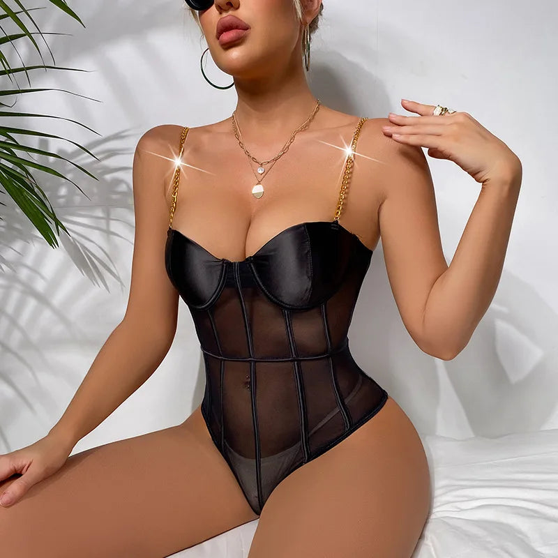 Sexy Lingerie for Women Mesh Erotic Babydoll Bodysuit With Chain Straps Teddy Erotic Dress for Sex Lenceria Costumes Khamik Shop Online