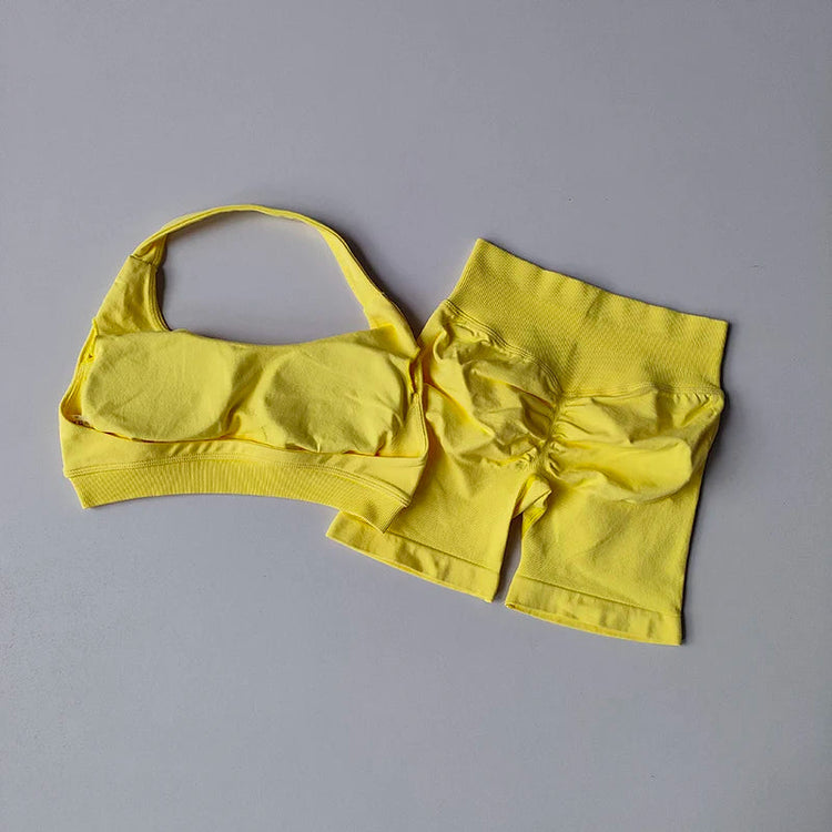 Sexy Halter Neck Beautiful Back High Waist Peach Sports Bras Shorts Suit Pilates Gathering Yoga Vest Training Fitness Bra Sets Khamik Shop Online