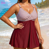 Big size color-blocked striped skirt-style swimsuit cross V-neck swimsuit with belly coverage for ladies sexy backless swimsuit Khamik Shop Online