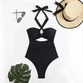 Women Swimsuit Halter Neck Solid Swimsuit Backless Waist Cinching Bathing Suit Ruched Bust High Cut Swimwear Black Woman Khamik Shop Online